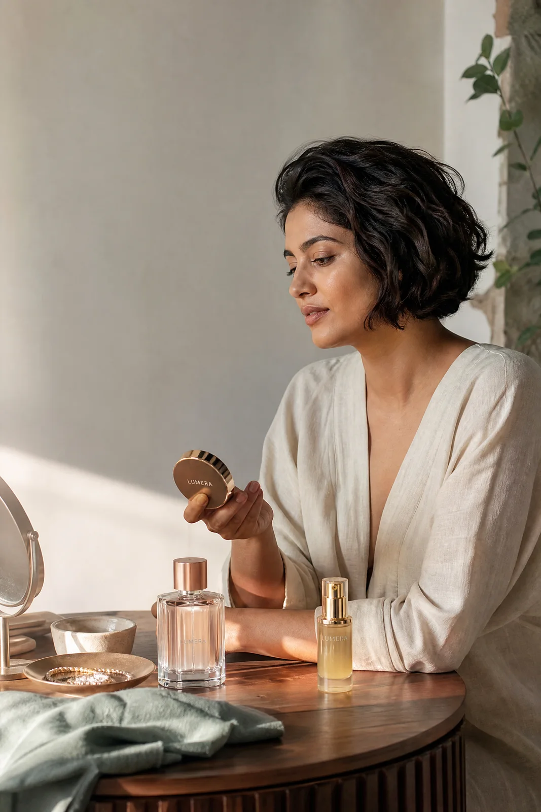 Person considering makeup, fragrance and hair care at a sunlit vanity